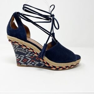 Cabi Isla Blue Suede Ankle Wrap Wedge Sandals Espadrille Southwestern Shoes 7.5